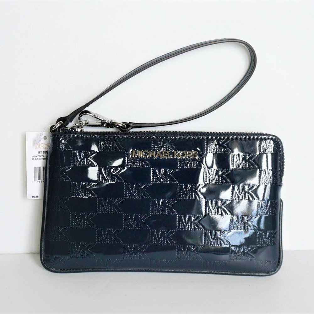 Michael Kors Jet Set Item large Gusset Top Zip Wristlet Patent Leather MK Navy